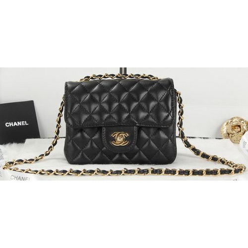 Чанта Chanel Classic MINI с капак, черна, от овча кожа, A1115, златиста