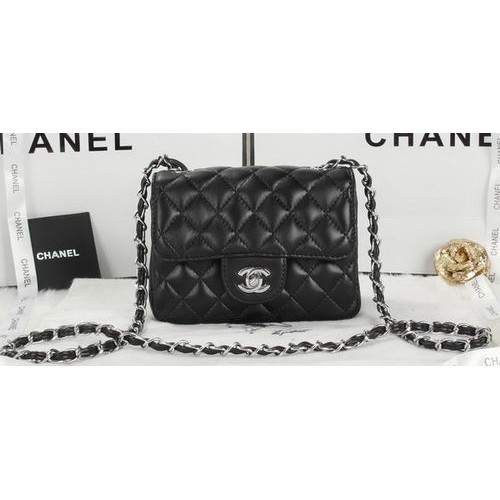 Чанта Chanel Classic MINI с капак, черна, от овча кожа, A1115, сребриста