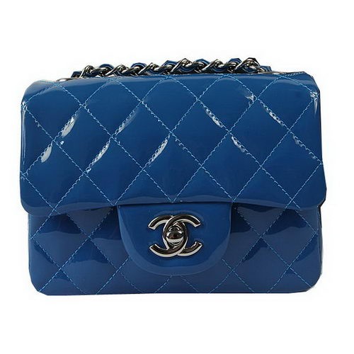 Чанта Chanel Classic MINI с капак, синя, оригинална, лакирана кожа, CF1115, сребриста