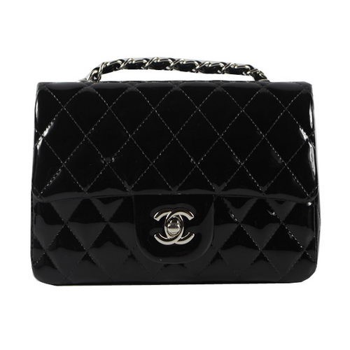 Чанта Chanel Classic MINI с капак CF1119, черна, лачена, сребриста
