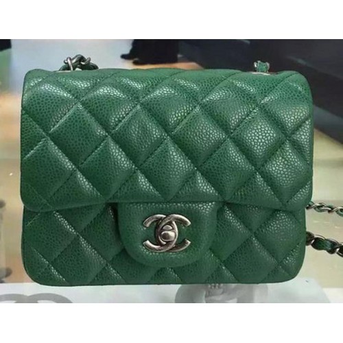 Чанта Chanel Classic MINI Flap от кожа с шарка Cannage A8171 в зелено