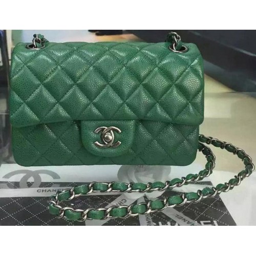 Чанта Chanel Classic MINI Flap от кожа с шарка Cannage A8500 в зелено