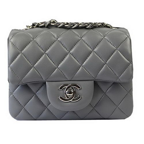 Чанта Chanel Classic MINI с капак, сива, оригинална, от овча кожа, CF1115, сребриста