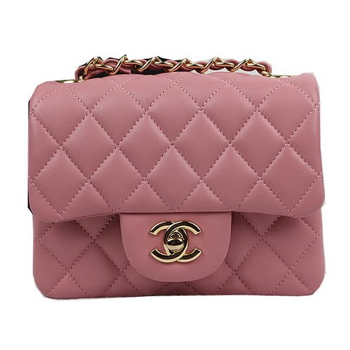 Чанта Chanel Classic MINI с капак, розова, оригинална, от овча кожа, CF1115, златна