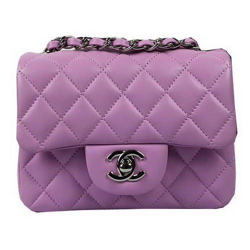 Чанта Chanel Classic MINI с капак, лилава, оригинална, овча кожа CF1115, сребриста