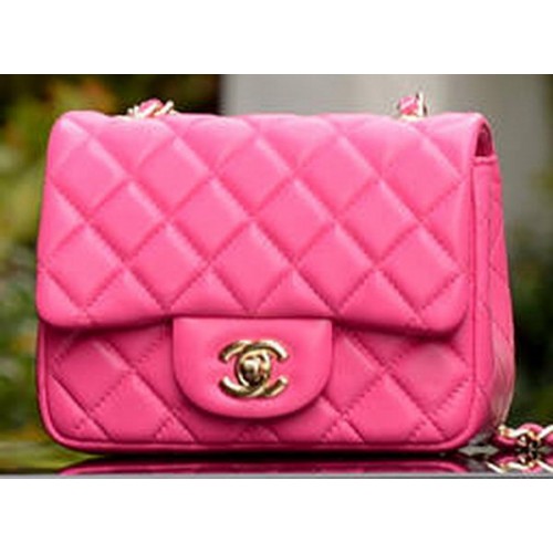 Чанта Chanel Classic MINI с капак, розова, от овча кожа A37585, златиста