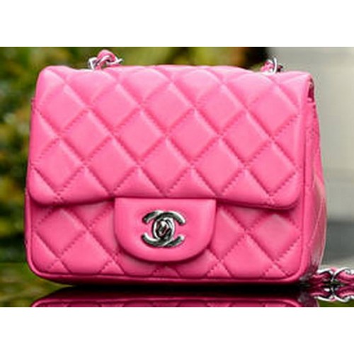 Чанта Chanel Classic MINI с капак, розова, овча кожа A37585, сребриста