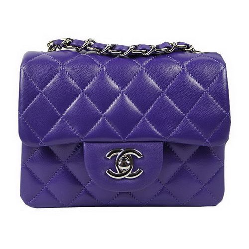 Чанта Chanel Classic MINI с капак, виолетова, оригинална, овча кожа CF1115, сребриста