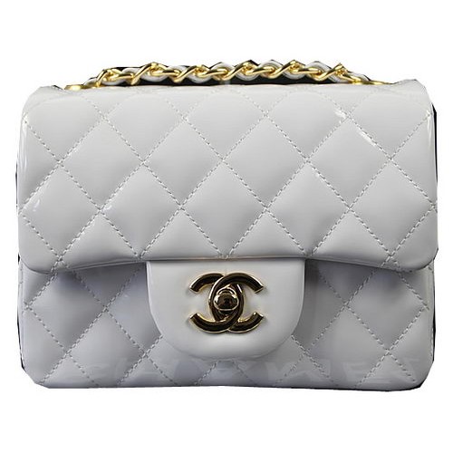 Чанта Chanel Classic MINI с капак, бяла, оригинална, лакирана кожа, CF1115, златиста