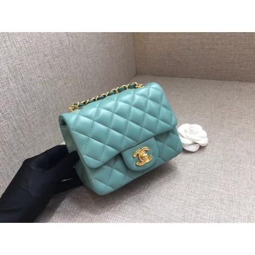 Чанта Chanel Classic MINI Flap, оригинална, от овча кожа A1115, светлосиня, златна верижка