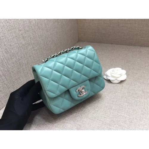 Чанта Chanel Classic MINI Flap, оригинална, от овча кожа A1115, светлосиня, сребърна верижка