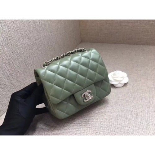 Чанта Chanel Classic MINI Flap, оригинална, овча кожа A1115, зелена, сребърна верижка