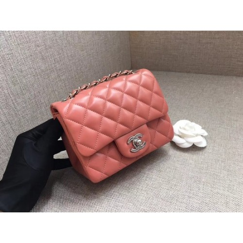 Чанта Chanel Classic MINI Flap, оригинална, овча кожа A1115, розова, сребърна верижка