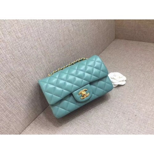 Чанта Chanel Classic MINI Flap, оригинална, от овча кожа A1116, светлосиня, златна верижка