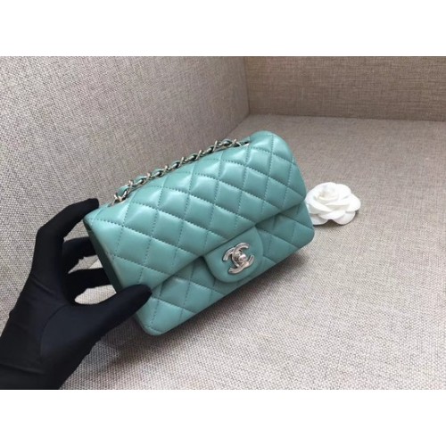 Чанта Chanel Classic MINI Flap, оригинална, от овча кожа A1116, светло синя, сребърна верижка