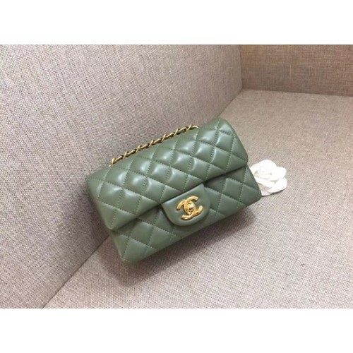 Чанта Chanel Classic MINI Flap, оригинална, от овча кожа A1116, зелена златна верижка