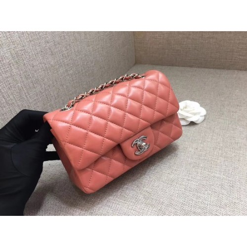 Чанта Chanel Classic MINI Flap, оригинална, от овча кожа A1116, розова, сребърна верижка