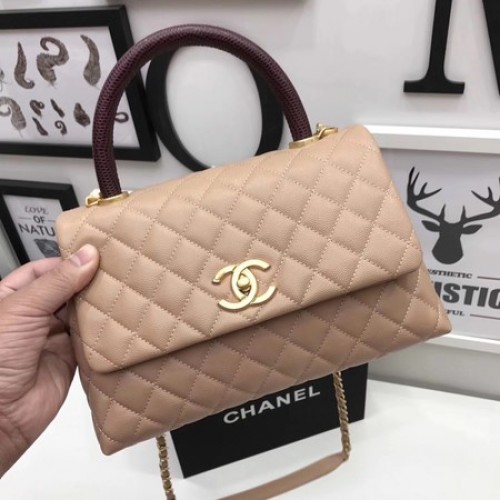 Чанта Chanel Classic Red Top Handle от оригинална кожа, кайсия, златиста A92991