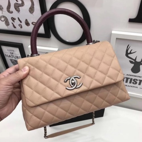 Чанта Chanel Classic Red Top Handle от оригинална кожа, кайсия, A92991, сребриста