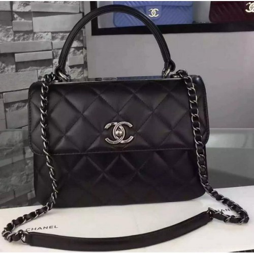 Чанта Chanel Classic Top Flap, черна, оригинална кожа A98079, сребриста