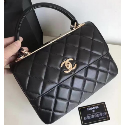 Чанта Chanel Classic Top Flap от черна, оригинална овча кожа A92236, златиста
