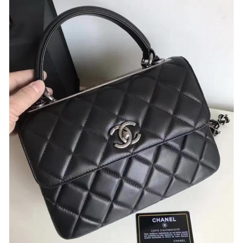 Чанта Chanel Classic Top Flap от черна, оригинална овча кожа A92236, сребриста