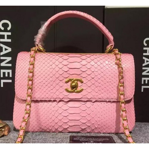 Чанта Chanel Classic Top Flap, оригинална, от змийска кожа A90095, розова