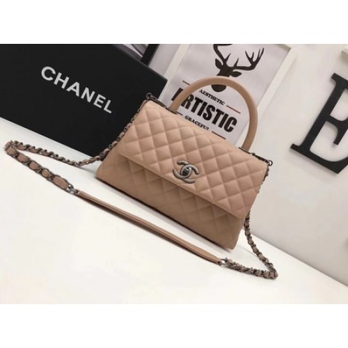 Чанта Chanel Classic Top Handle от оригинална кожа, кайсия, A92991, сребриста