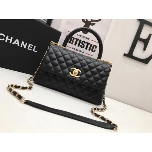 Чанта Chanel Classic с горна дръжка, черна, оригинална кожа A92991, златиста