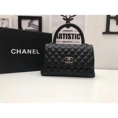 Чанта Chanel Classic с горна дръжка, черна, оригинална кожа A92991, сребриста