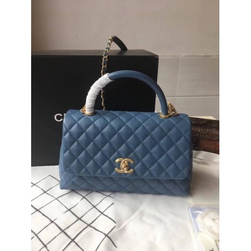 Чанта Chanel Classic Top Handle синя, оригинална кожа A92292, златиста