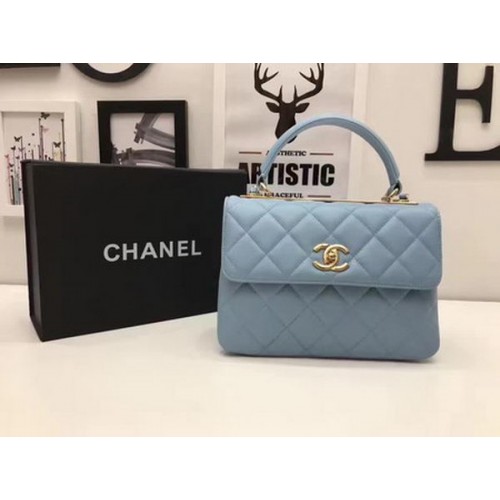 Класическа чанта Chanel с горна дръжка, синя, овча кожа A92991, златна