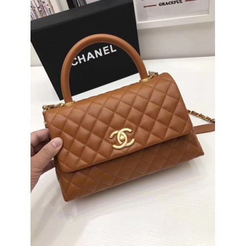 Класическа чанта Chanel с горна дръжка, кафява, оригинална кожа A92991, златиста