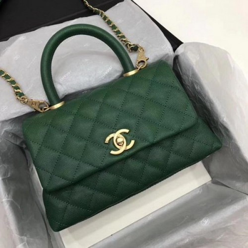 Чанта Chanel Classic с горна дръжка, зелена, с шарка Cannage, A92290, златна