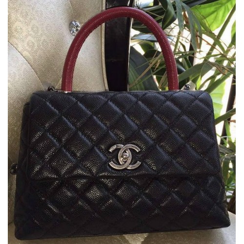 Класическа чанта Chanel с горна дръжка, оригинален модел Cannage A95169, черно и червено