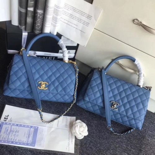 Чанта Chanel Classic с горна дръжка, оригинален модел Cannage A96901, синя