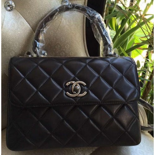 Класическа чанта Chanel с горна дръжка, оригинална овча кожа A92236, черна