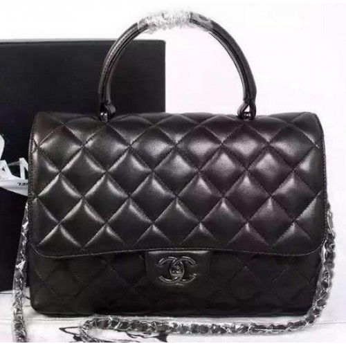 Класическа чанта Chanel с горна дръжка, оригинална овча кожа A92238, черна