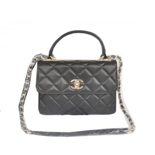 Класическа чанта Chanel с горна дръжка, оригинална, от овча кожа, CHA92236, черна