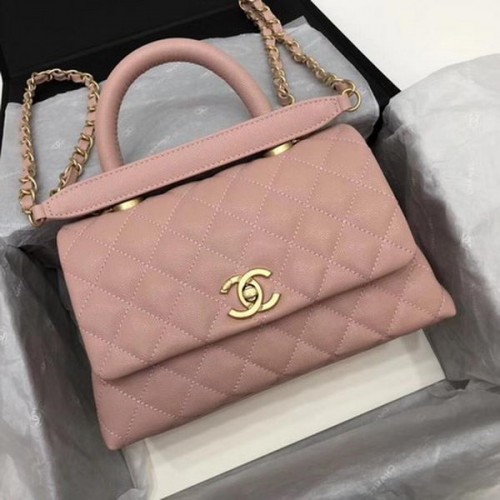 Чанта Chanel Classic с горна дръжка, розова, с шарка Cannage, A92290, златна