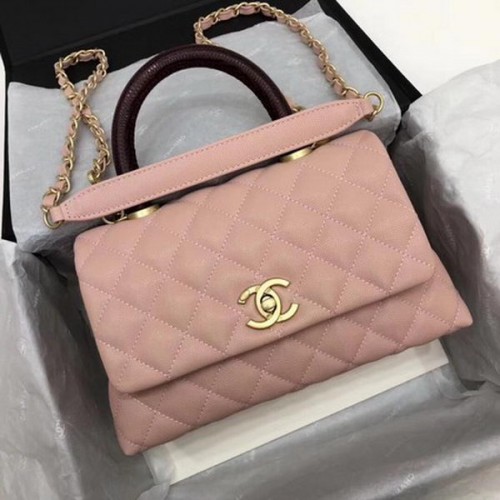 Чанта Chanel Classic с горна дръжка, розова, с шарка Cannage, A92290, вино