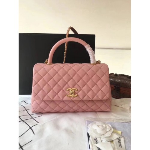 Чанта Chanel Classic с горна дръжка, розова, оригинална кожа A92292, златна