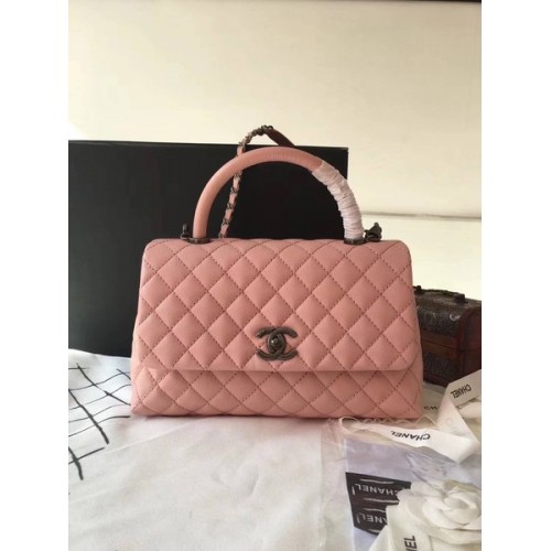 Чанта Chanel Classic с горна дръжка, розова, оригинална кожа A92292, сребриста