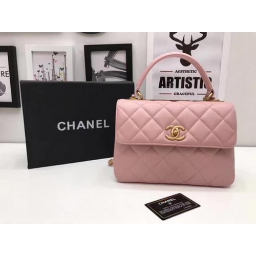 Класическа чанта Chanel с горна дръжка, розова, овча кожа A92991, златна