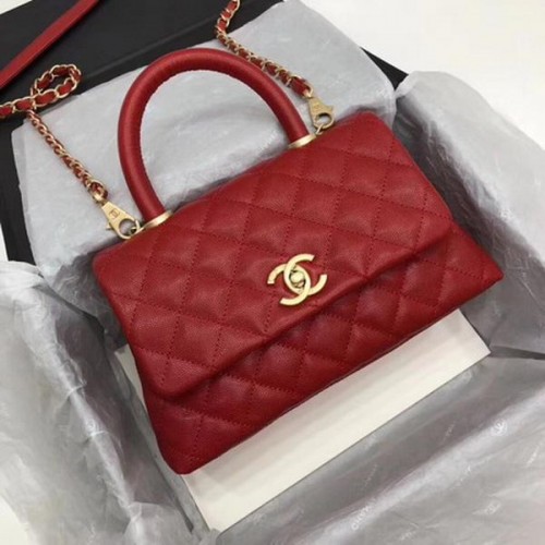 Чанта Chanel Classic с горна дръжка, червена, с шарка Cannage, A92290, златна