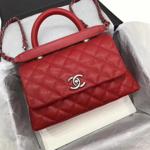 Чанта Chanel Classic с горна дръжка, червена, с модел Cannage, A92290, сребриста