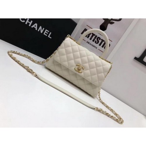 Чанта Chanel Classic с горна дръжка, бяла, с шарка Cannage, A92290, златна