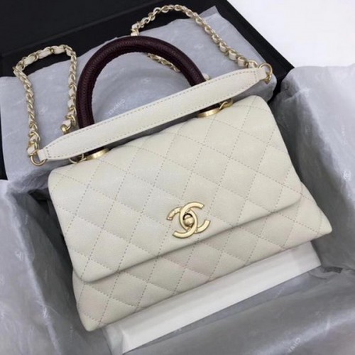 Чанта Chanel Classic с горна дръжка, бяла, с шарка Cannage, A92290, вино