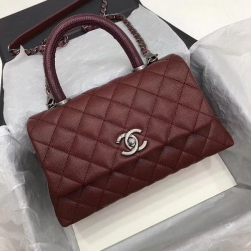 Чанта Chanel Classic с горна дръжка, модел вино Cannage A92290, сребриста