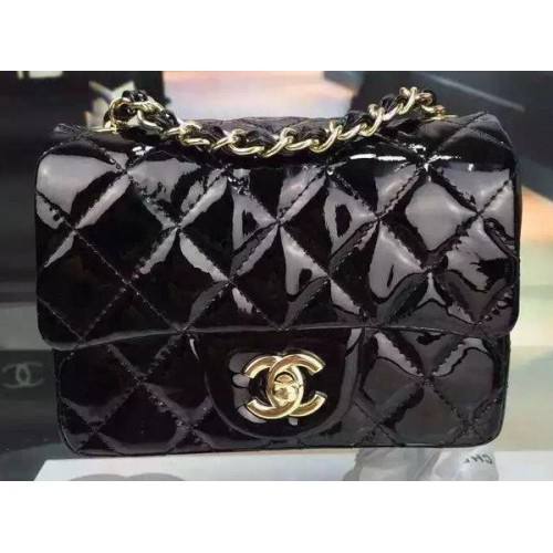 Чанта Chanel Classic mini с капак, черна, оригинална, лакирана кожа, CF7171, златиста